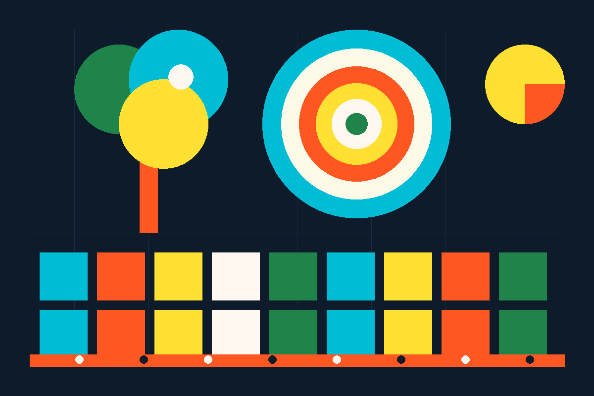 Swiss-style geometric illustration of a stylized dollar tree, concentric price rings, and a modular product grid