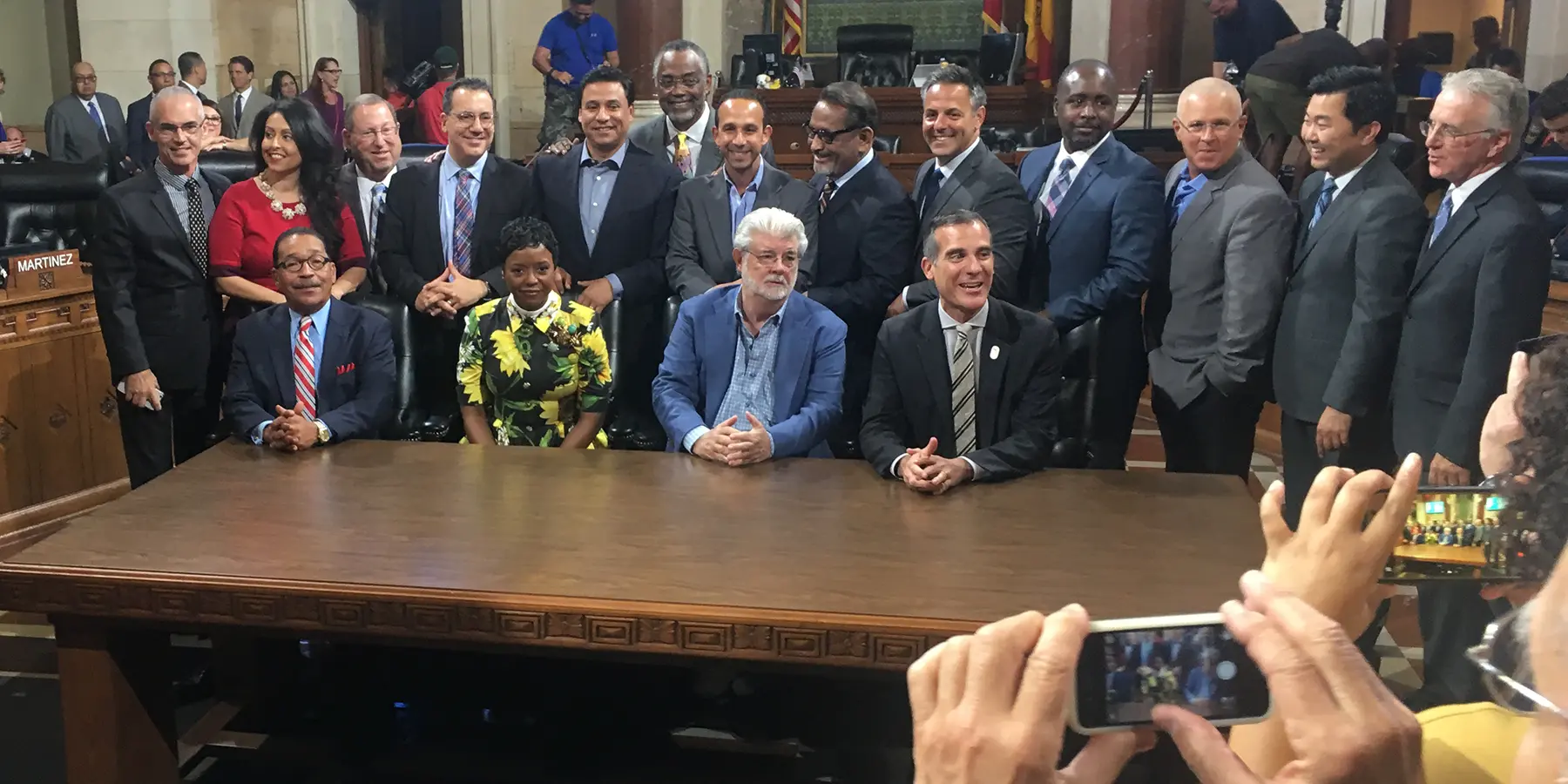 George Lucas, Mellody Hobson, Los Angeles officials, and supporters after approval of the Lucas Museum project