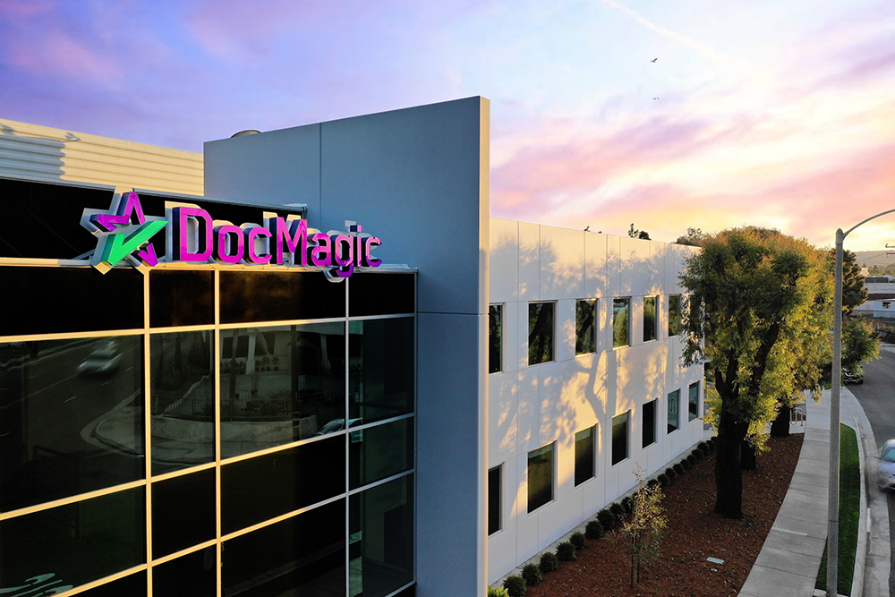 DocMagic’s Torrance headquarters with its colorful sign above the glass entrance