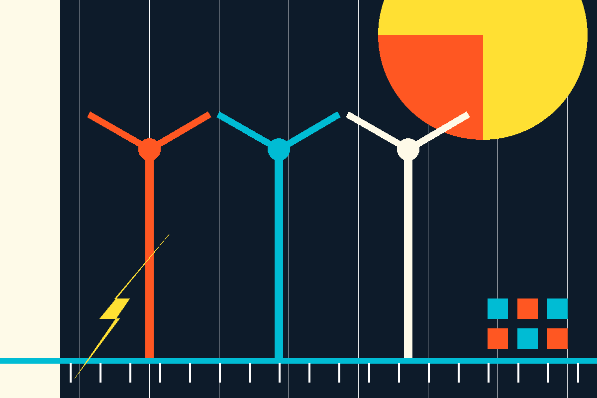 Swiss-style graphic of wind turbines, sun and an energy grid baseline