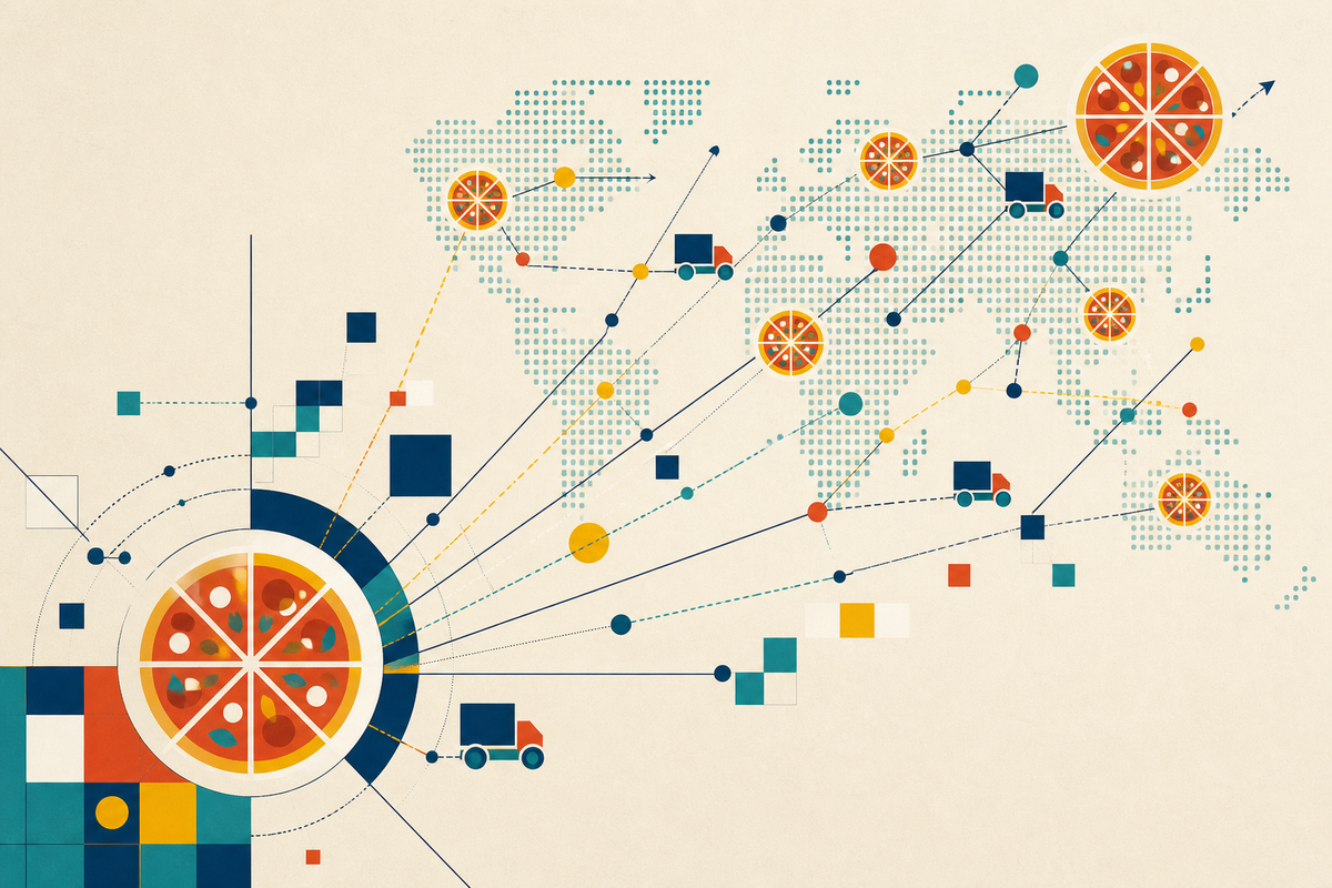 Abstract Swiss-style map of pizzas, delivery routes and store nodes across the world