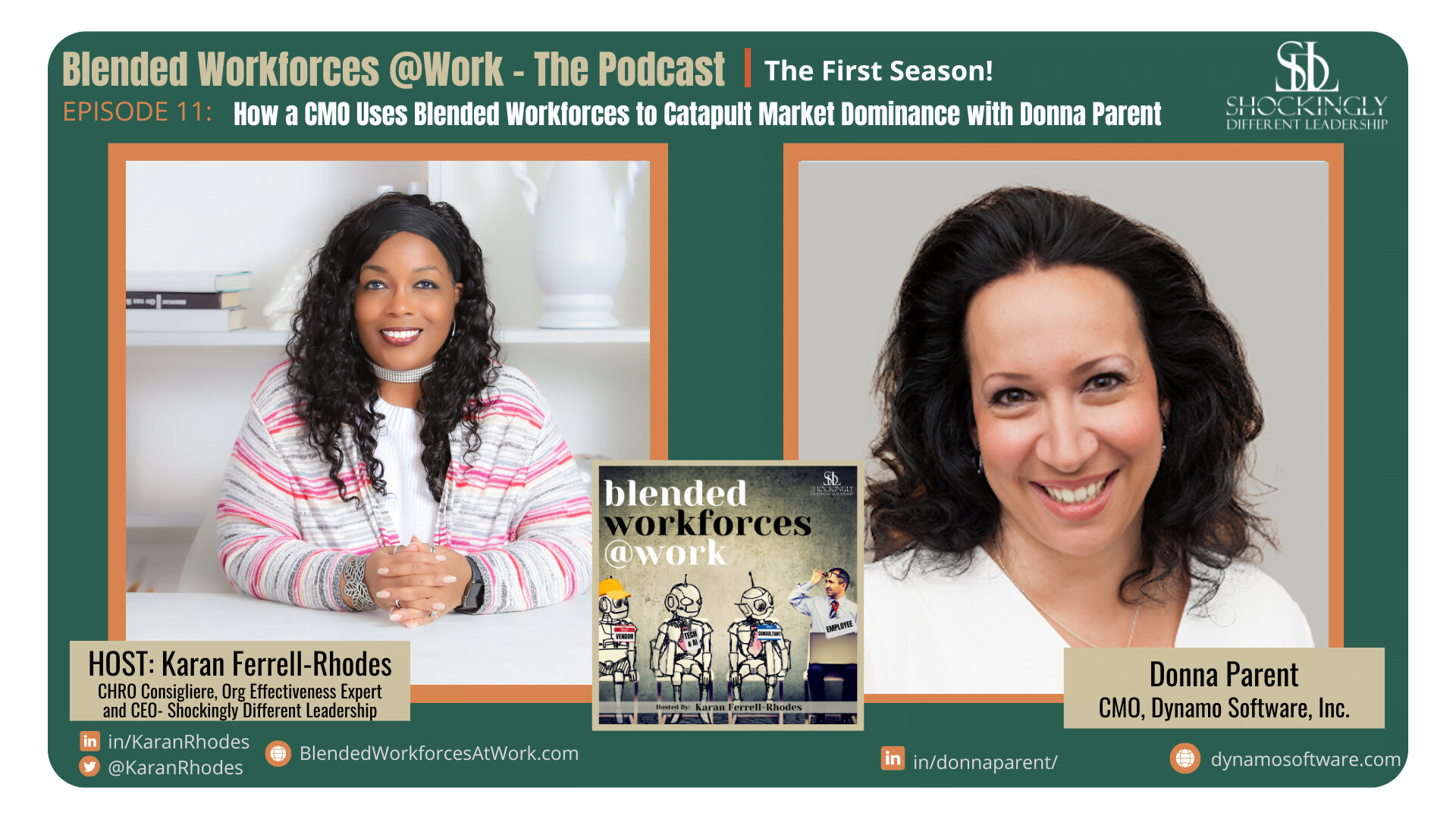 Podcast artwork featuring host Karan Ferrell-Rhodes and Donna Parent for a conversation about blended workforces