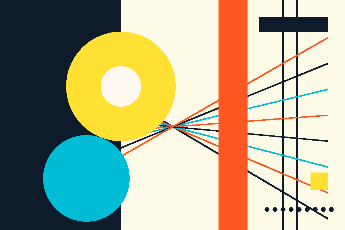 Abstract Swiss-style graphic of shapes and converging lines representing donors funding classrooms