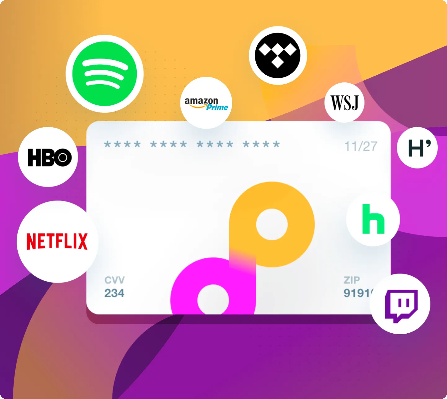 DoNotPay promotional illustration of its virtual Free Trial Card surrounded by subscription service logos