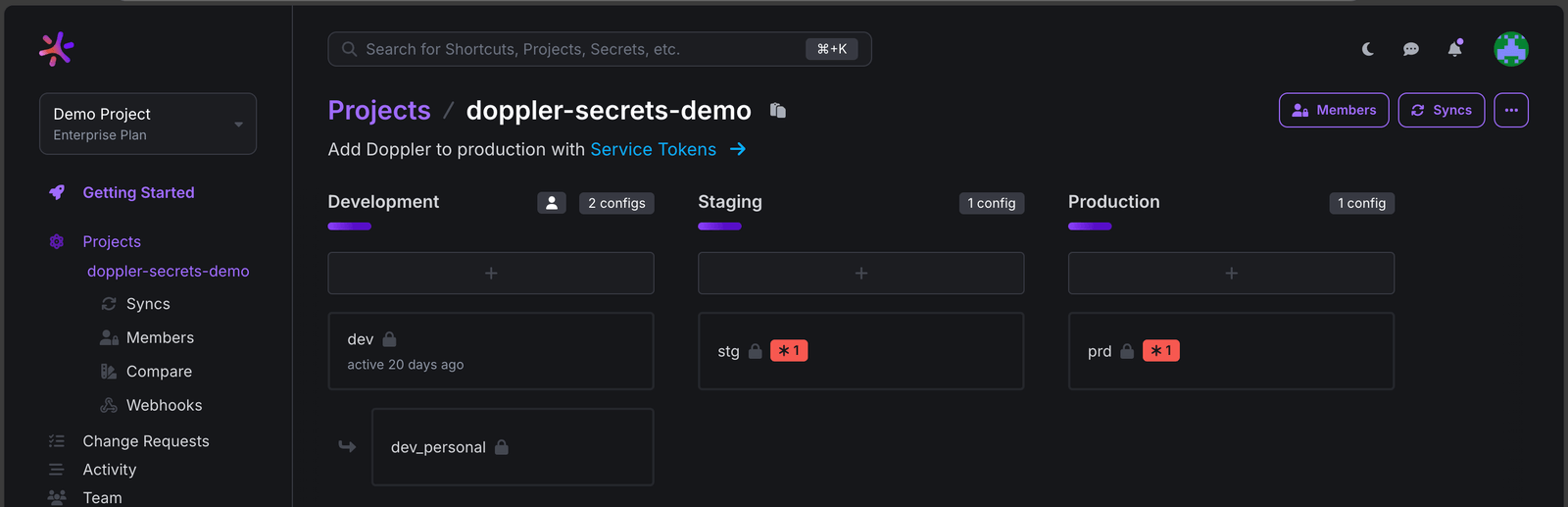 Doppler dashboard showing development, staging, and production environments