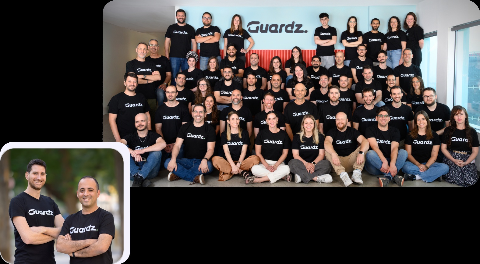Guardz team in matching company shirts, with co-founders Dor Eisner and Alon Lavi pictured in an inset