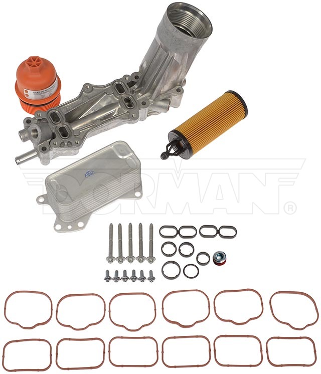 Dorman 926-959 aluminum oil filter housing kit with cooler, orange cap, filter, bolts and gaskets