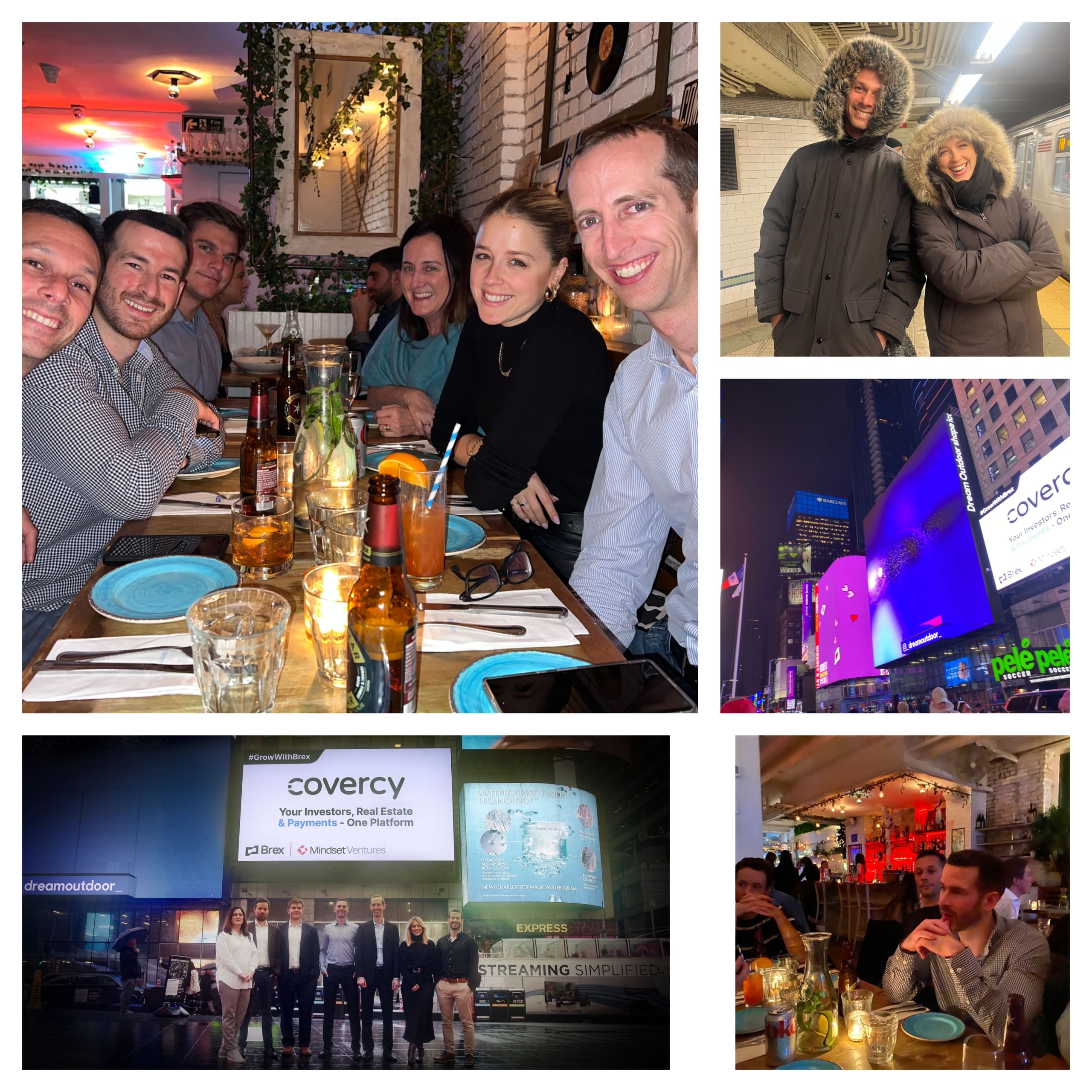 Covercy team collage with a restaurant gathering, a subway moment and a group beneath a Times Square billboard