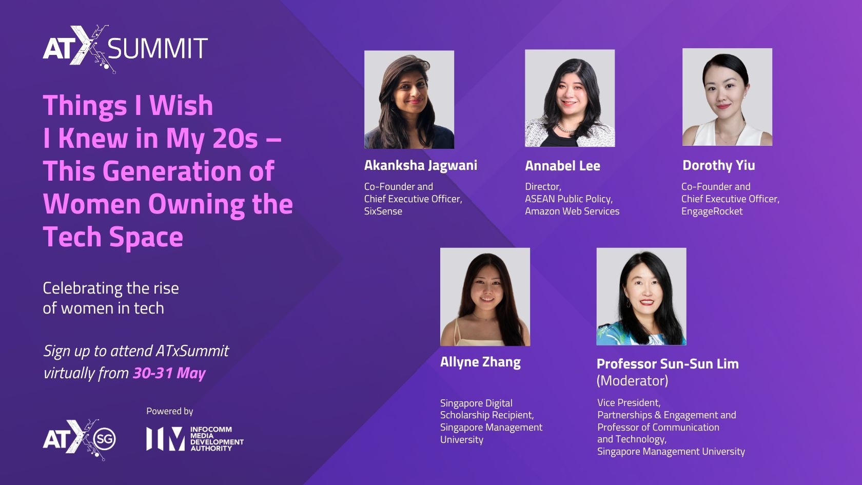 ATxSummit 2024 programme featuring Dorothy Yiu, Akanksha Jagwani, Annabel Lee, Allyne Zhang and moderator Professor Sun Sun Lim
