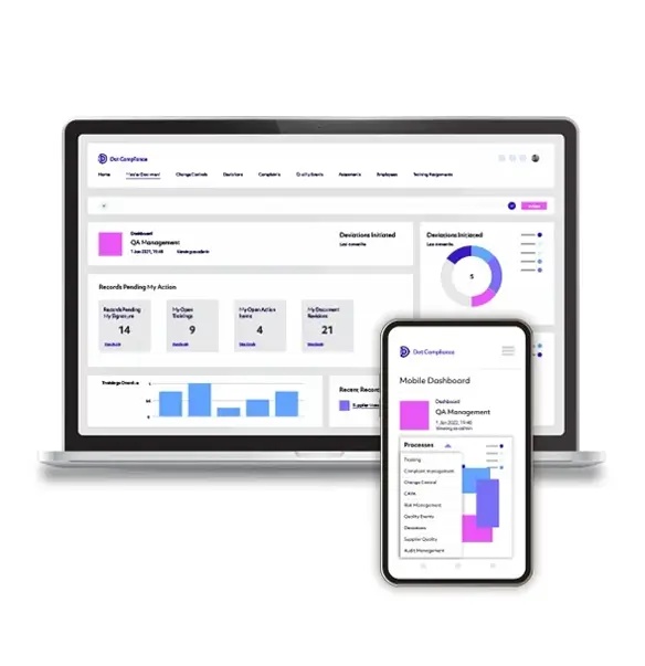 Dot Compliance promotional product image showing quality dashboards on a laptop and a phone