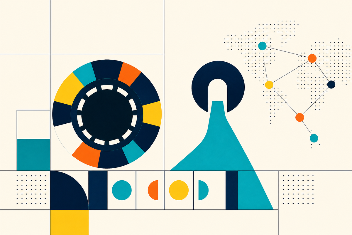 Abstract Swiss-style composition of a casino chip, direct path and connected global nodes