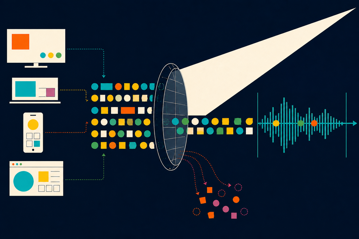 Abstract geometric illustration of ad signals passing through a verification filter