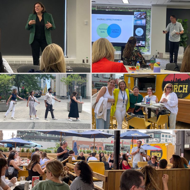 Collage from IGM Financial's 2024 marketing town hall, showing speakers, team activities and an outdoor gathering