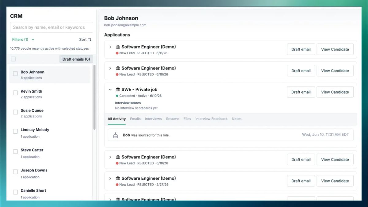 Dover CRM showing candidates and their applications across several jobs