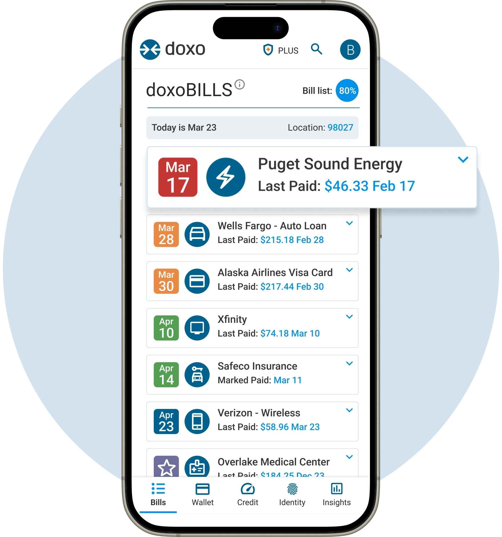 doxo promotional product image showing its bill list and calendar on a phone