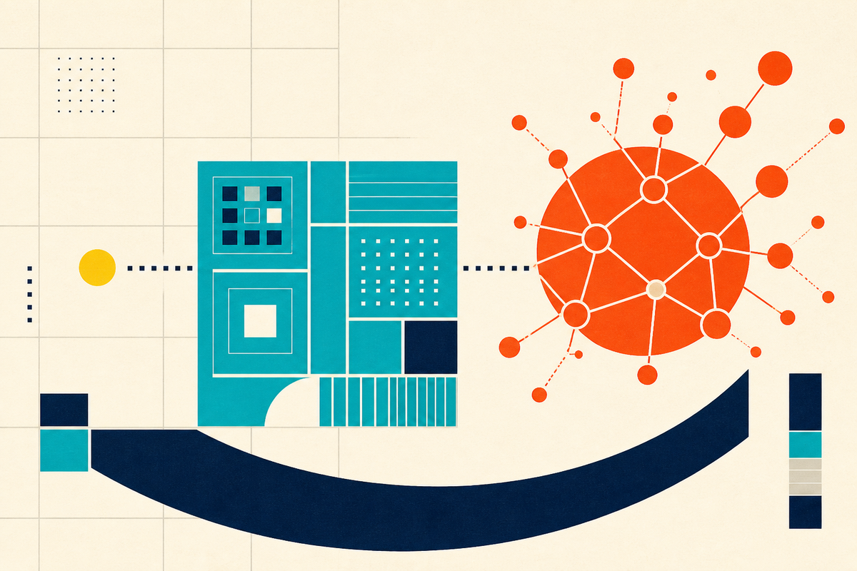 Abstract Swiss-style composition showing a small idea moving through a structured studio into a network, supported by a capital arc