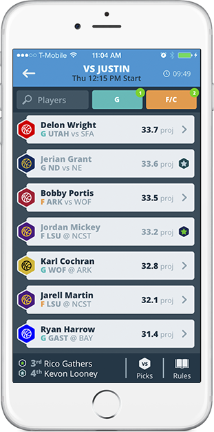 Historical DRAFT mobile interface with a list of selectable basketball players
