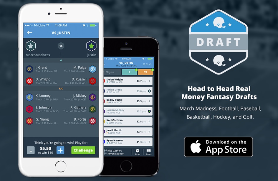 Launch-era DRAFT app showing head-to-head basketball picks and an entry-price selector