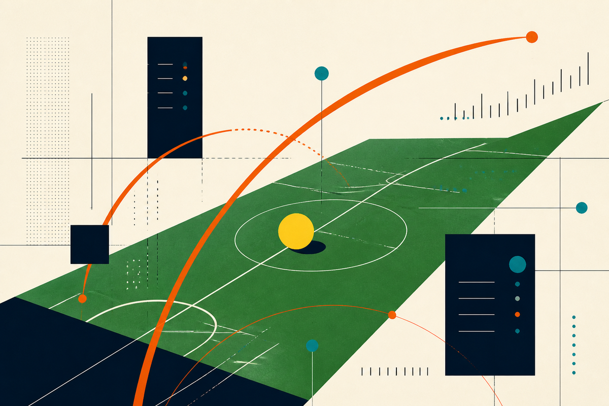 Abstract Swiss-style illustration of a playing field, probability arcs and data cards