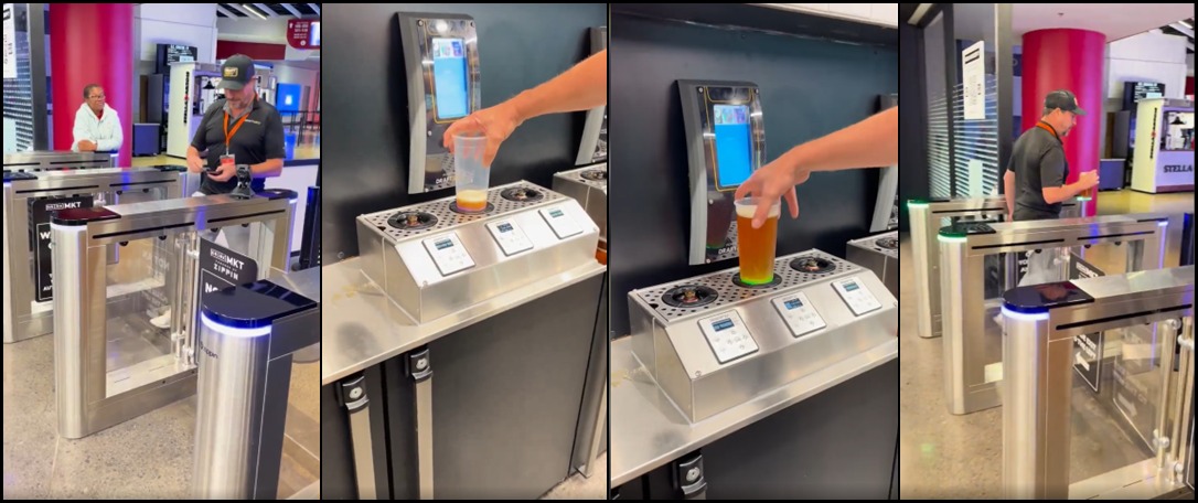 A modern DraftServ-powered self-pour wall inside a Zippin checkout-free venue