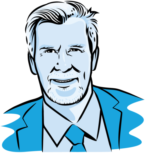 Blue illustrated portrait of Dragonfly founder Peter Godefroy