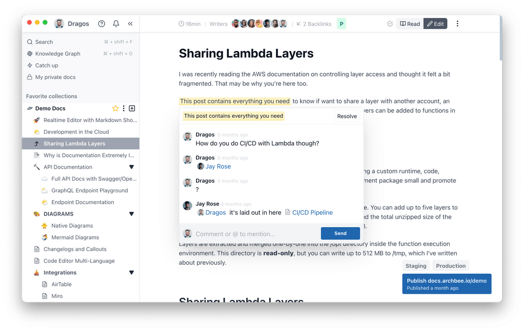 Early Archbee editor displaying a technical article and comments about Lambda deployment