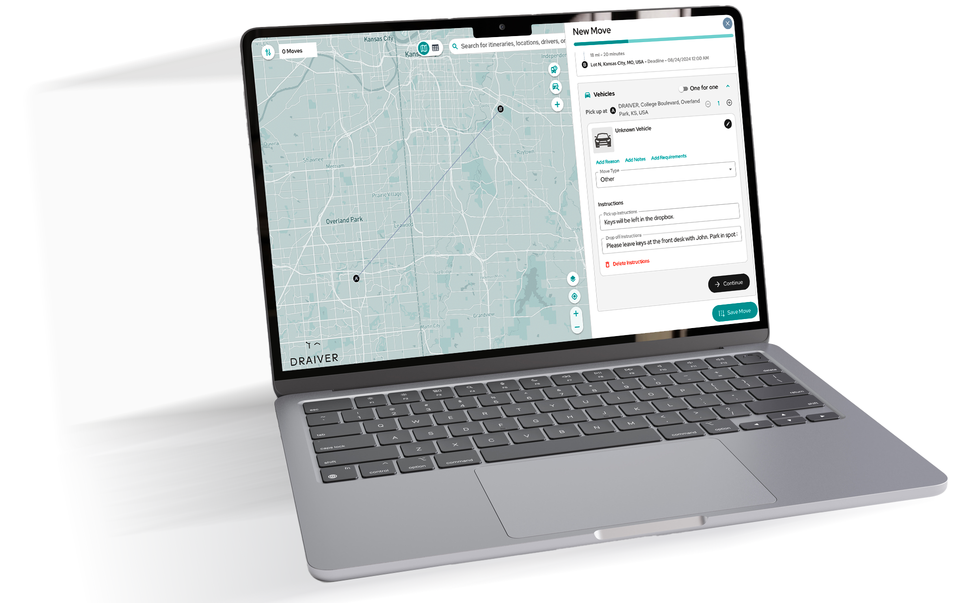 Draiver Command Center product mockup showing a map and vehicle move form