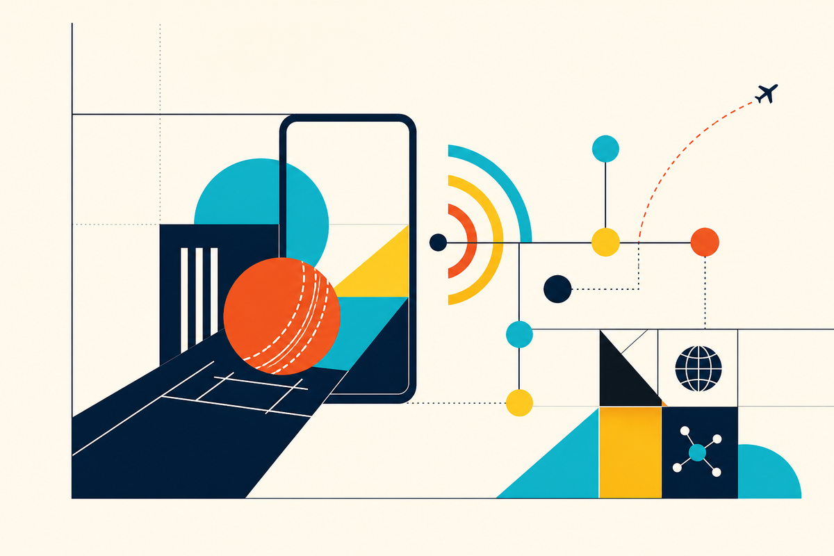 Abstract Swiss-style composition of cricket, a mobile screen, broadcast waves, data nodes and a travel route