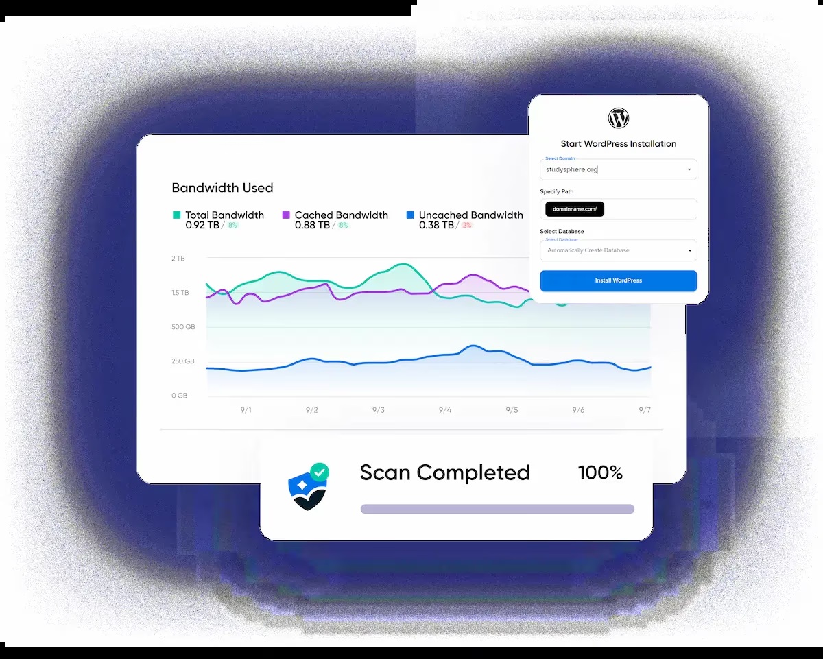 DreamHost product illustration showing bandwidth charts, WordPress installation and a completed scan