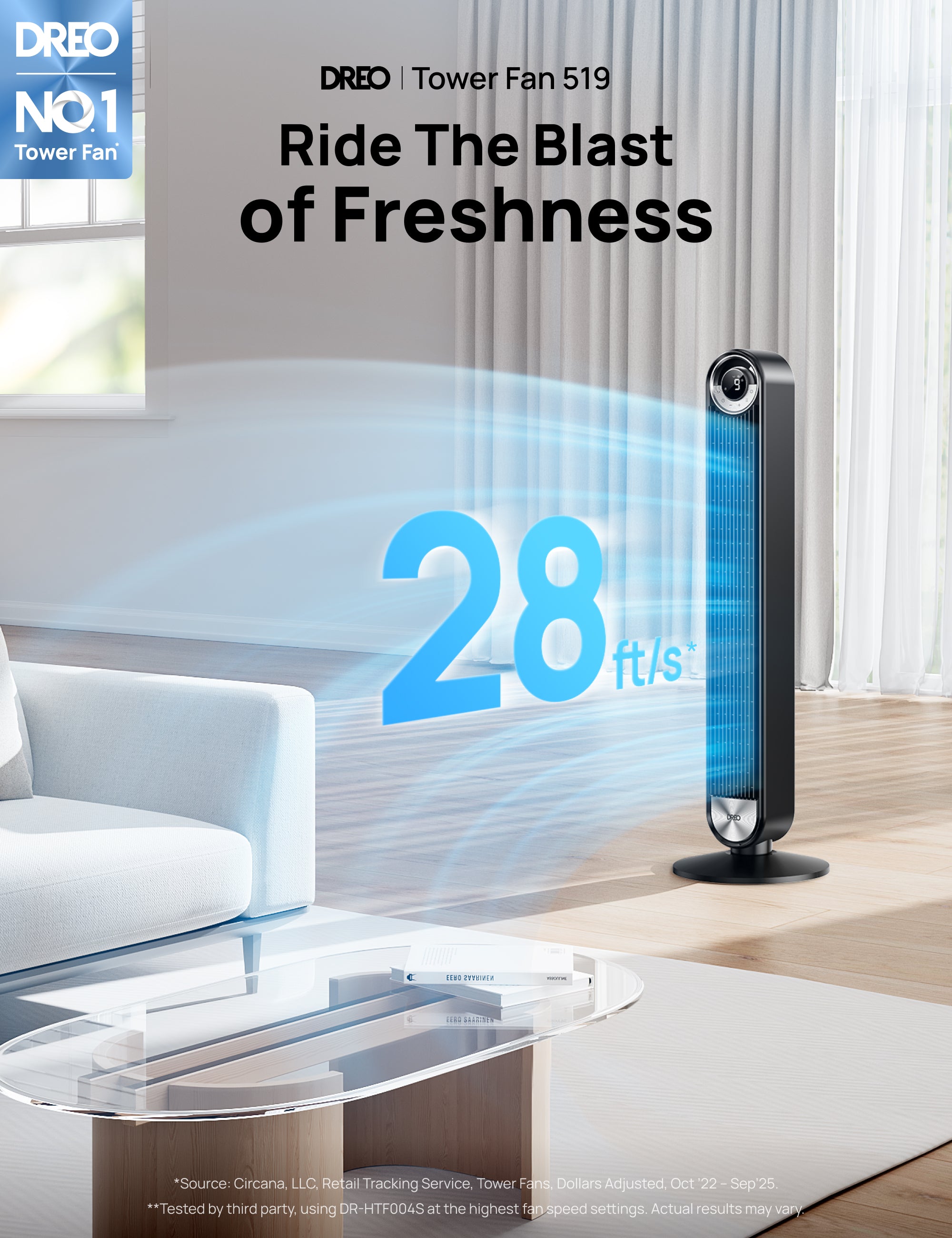 DREO tower fan in a modern living room