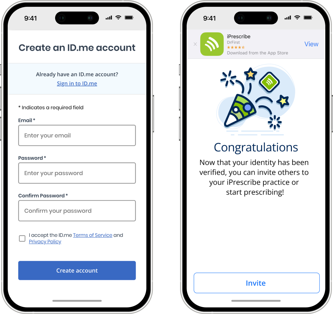 iPrescribe product illustration showing ID.me account creation and completed identity verification