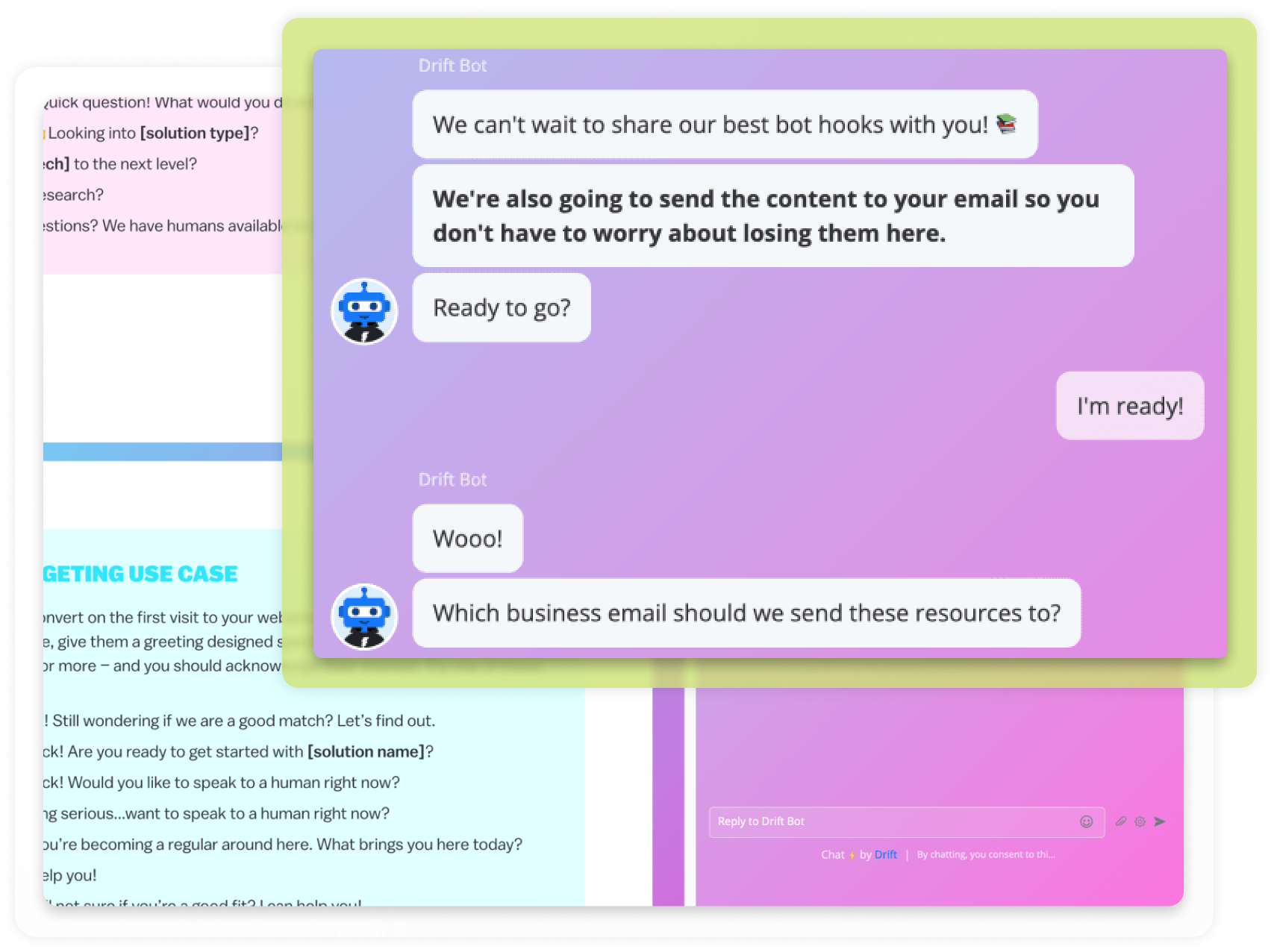 Drift conversational landing page showing an automated chat asking for a business email