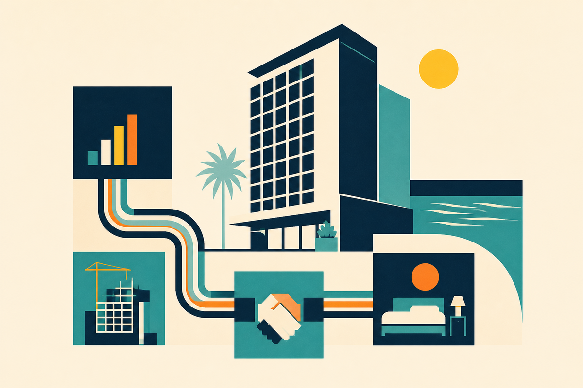 Abstract Swiss-style illustration of a hotel connected to capital, construction and operations modules