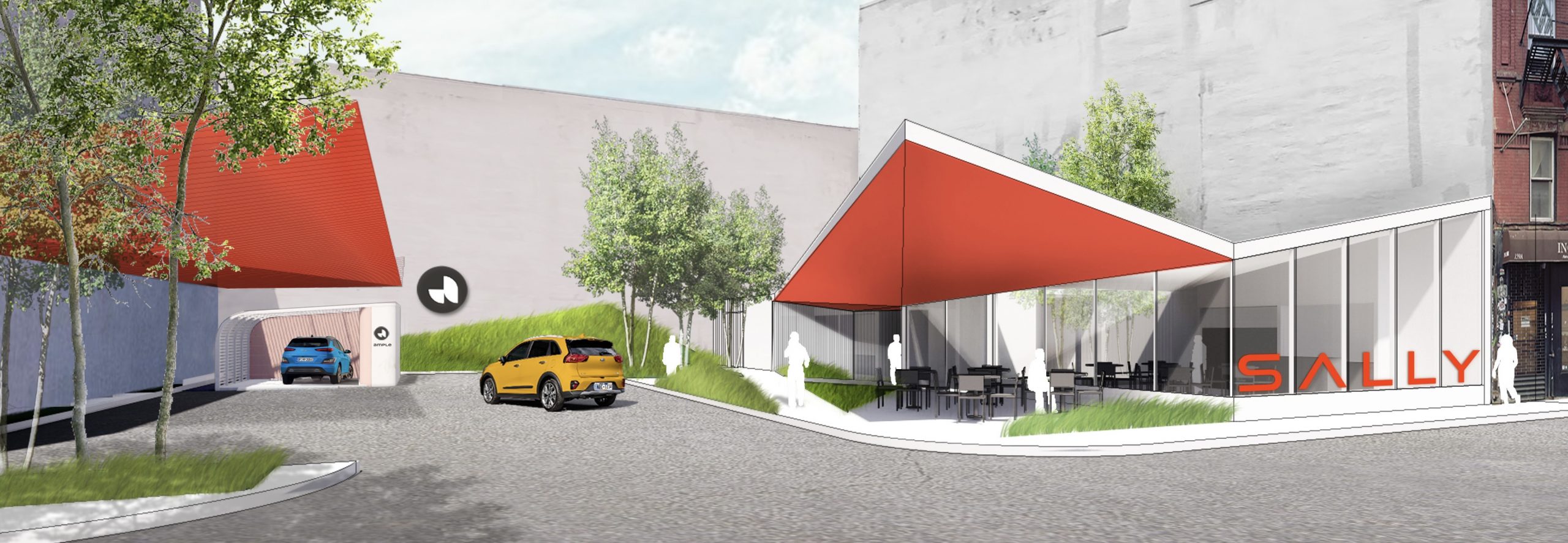 Architectural concept rendering of a Sally driver facility beside an Ample battery-swapping bay