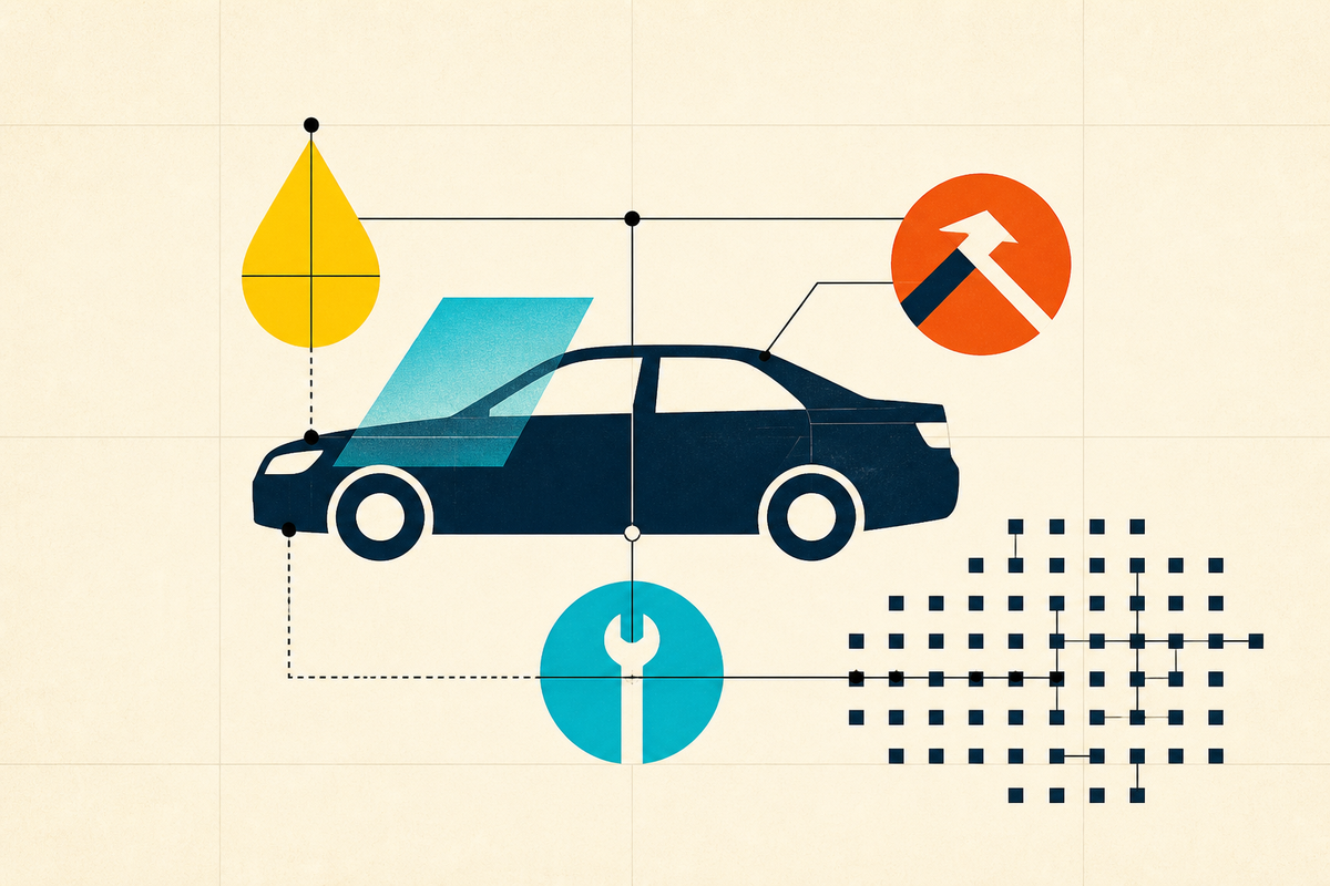 Abstract Swiss-style illustration of an automobile connected to oil, glass, repair and network symbols