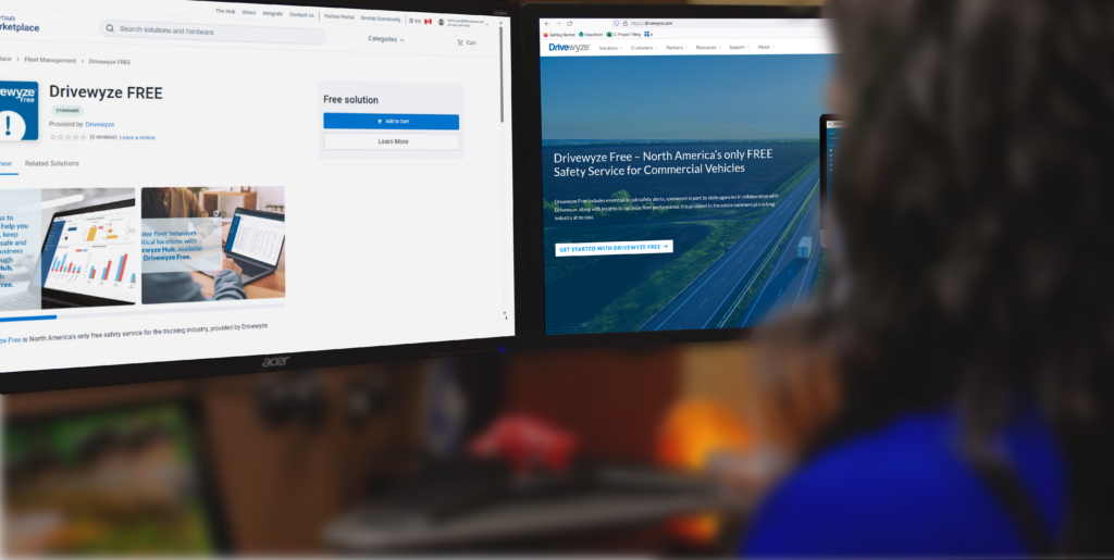 Drivewyze Free listing in the Geotab Marketplace alongside its product website