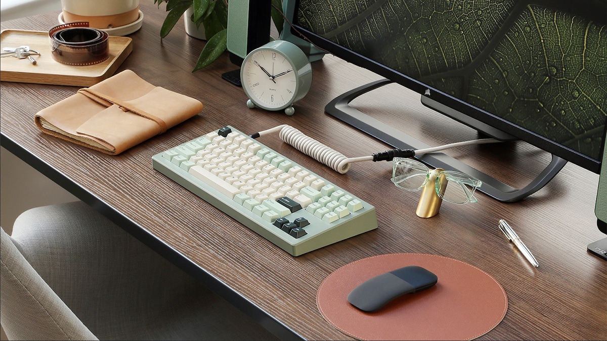 Drop CSTM80 mechanical keyboard with a sage-colored decorative case