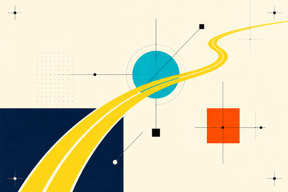 Abstract Swiss-style composition of a yellow racing line crossing a teal hub and geometric operating blocks