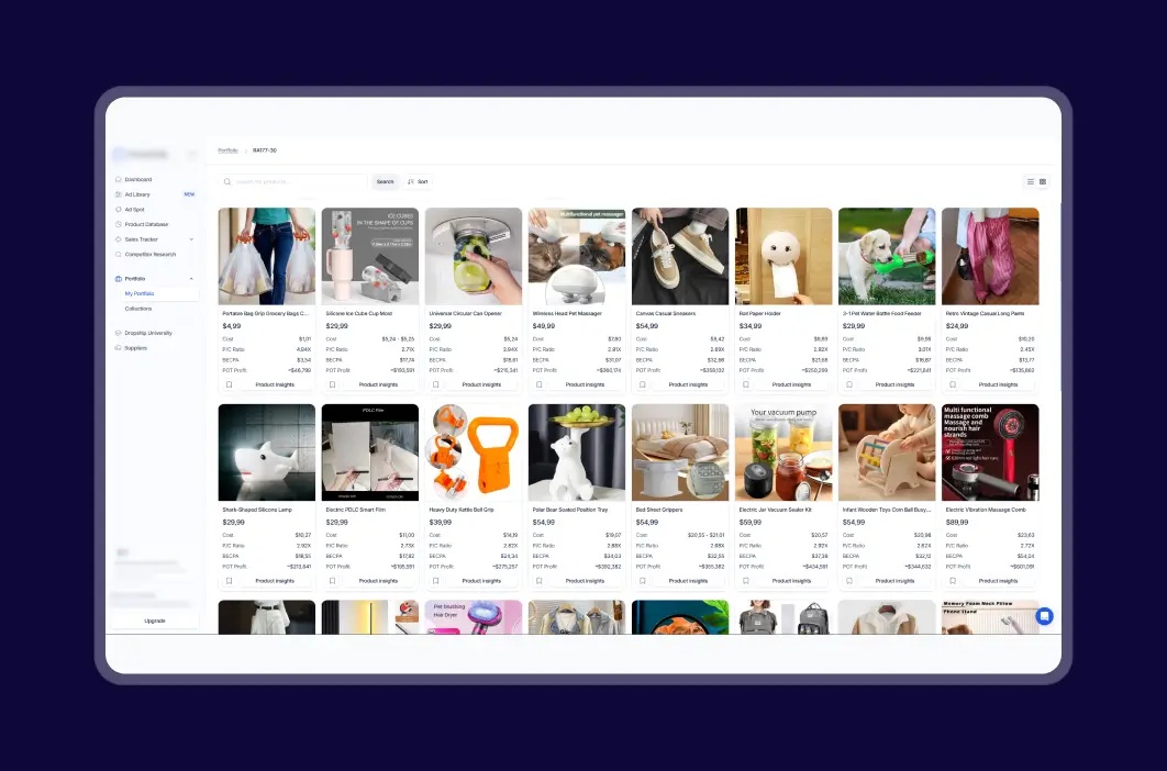Historical Dropship Portfolio interface with product recommendations including mugs, pet accessories, and household items