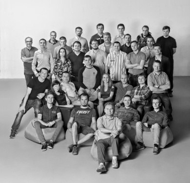 DSR team members gathered for a black-and-white group portrait