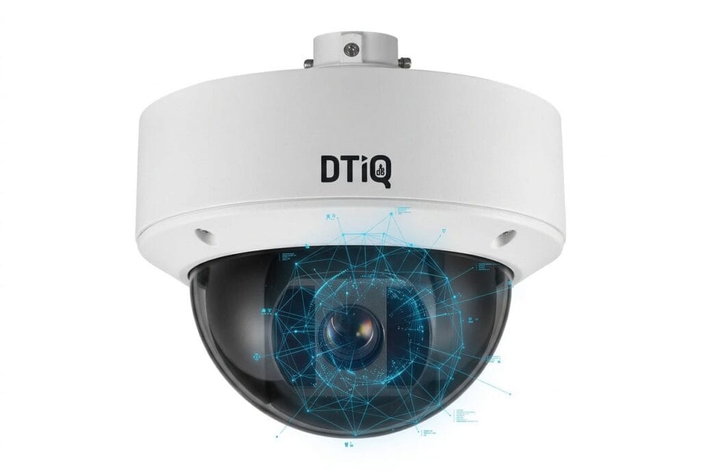 DTiQ dome camera in a promotional image with a stylized blue analytics graphic