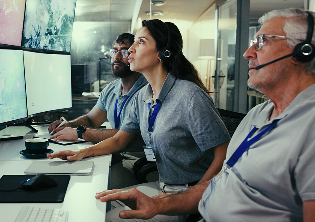 DTN meteorologists working at rows of weather-monitoring screens