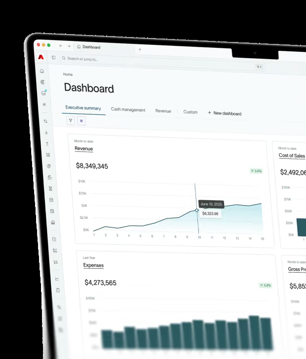 DualEntry product illustration showing an executive dashboard with revenue and expense charts