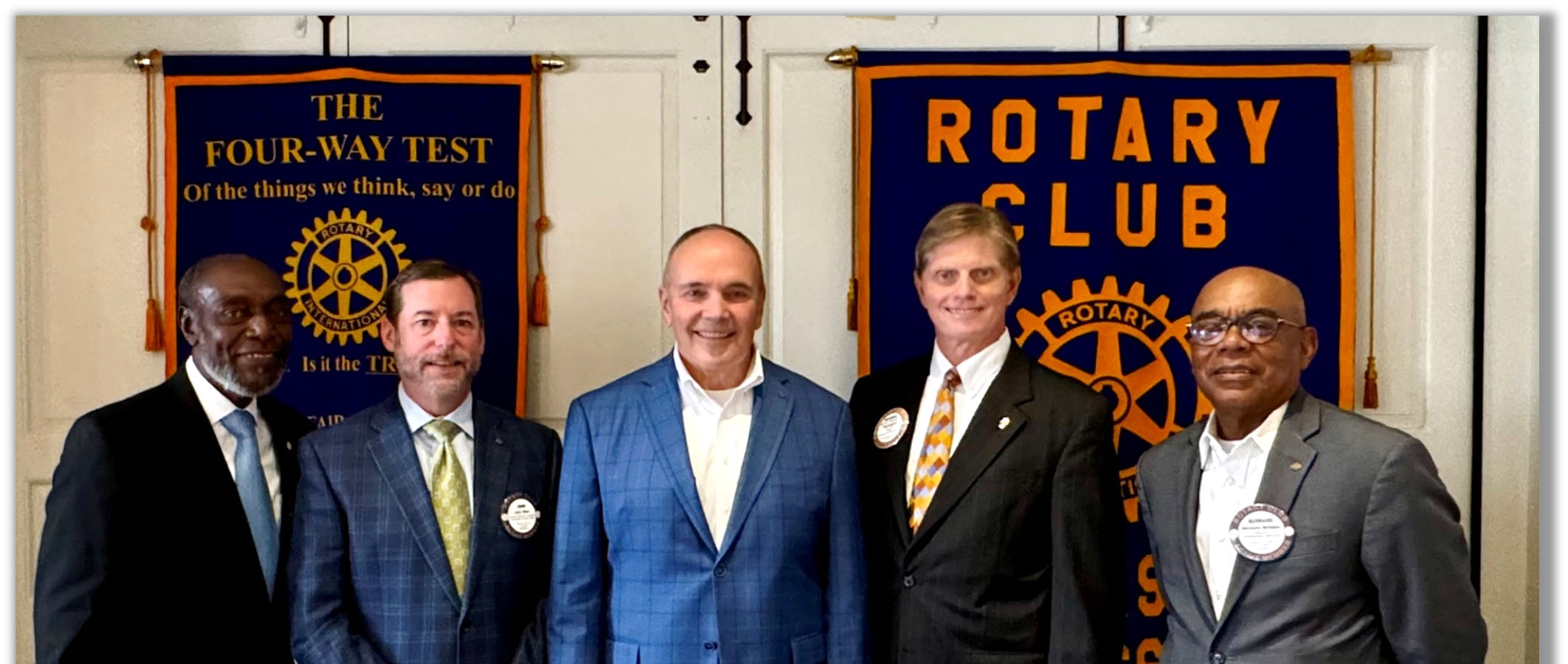 Duane Dewey, center, with Lee Bush, John Wise, Richard Wilbourn and Bernard Bridges at a Rotary gathering
