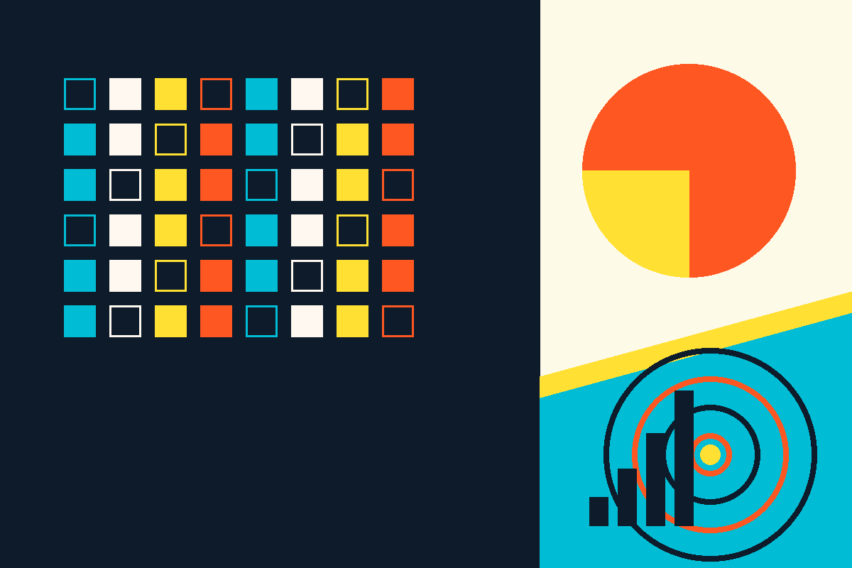 Swiss-style abstract graphic representing Duda's platform: a grid of colored site tiles, a brand node, growth bars and concentric network rings.