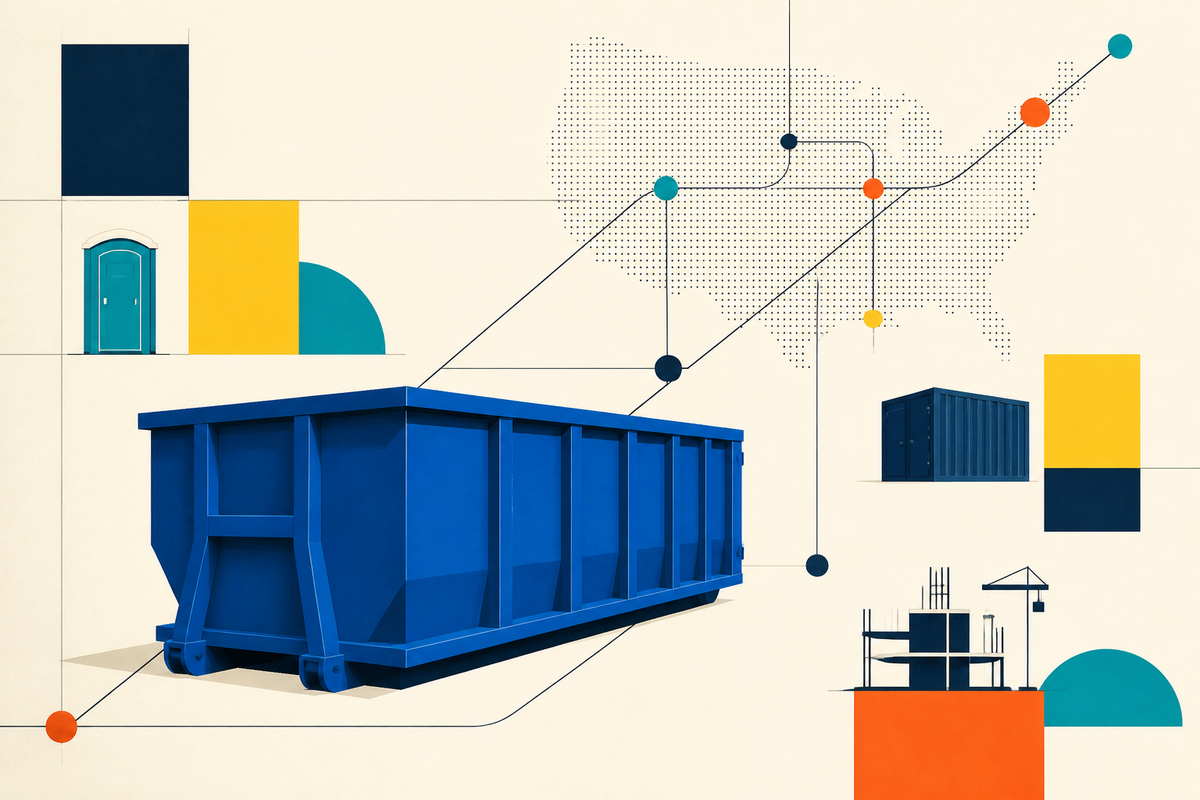 Minimal Swiss-style illustration of a blue roll-off dumpster connected to a nationwide logistics grid