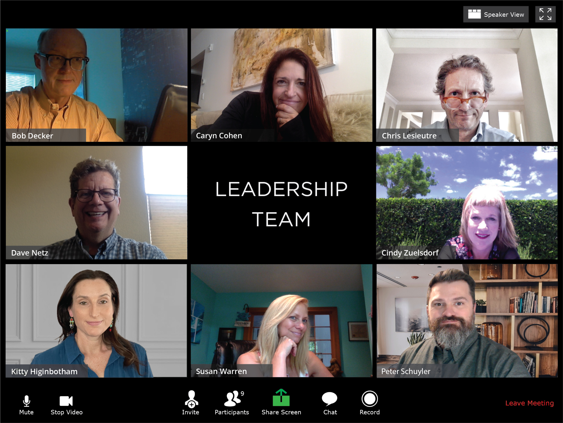 Dundee Hills Group leadership team arranged in a video-call grid