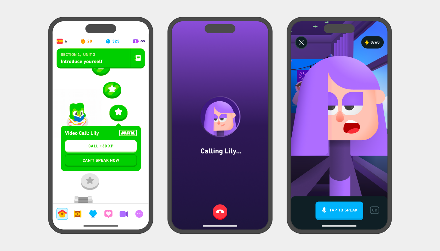 Three screens showing Duolingo's Video Call with Lily feature