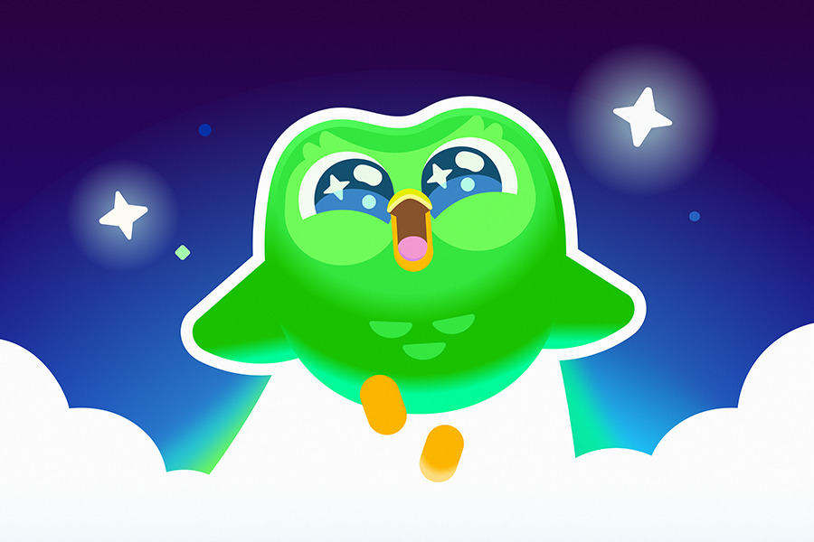 Duolingo's green owl mascot flying through a purple sky