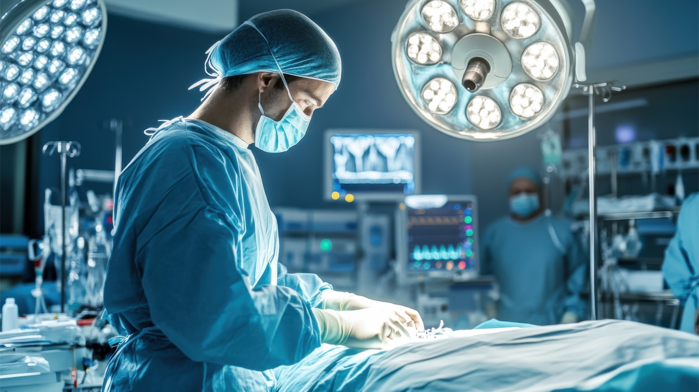 A surgical team working under operating-room lights